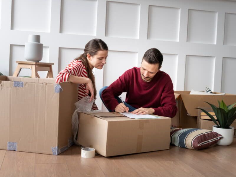 Eşyaları kolilere yerleştirip paketleyen çift